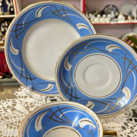 Чайное трио Fortuna Eisenberg Germany. Фарфор, деколь, позолота. Винтаж. Дефект. Картинка 3